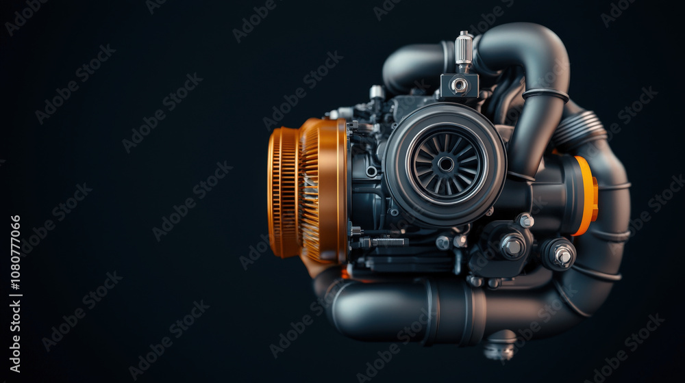 Poster detailed view of turbocharger showcasing intricate components and design. dynamic scene highlights e