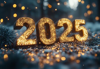 3D mockup of the 2025 number in old gold.