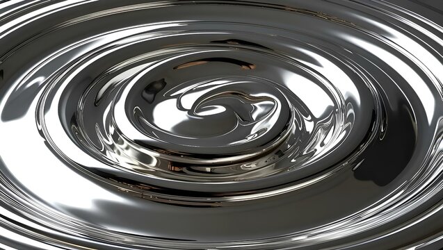 Abstract liquid metal ripple with swirling motion, circular pattern, shiny chrome metallic texture