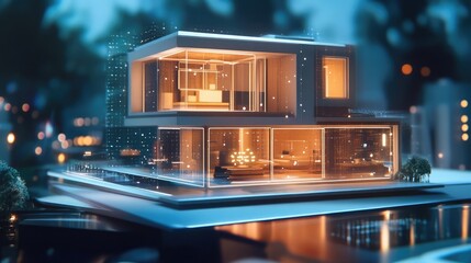 Obraz premium A futuristic home with a modern design, lit up at night, showcasing a sleek and contemporary lifestyle.