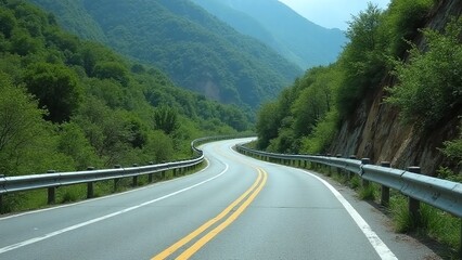Winding road in mountainous region, asphalt, metal guardrails