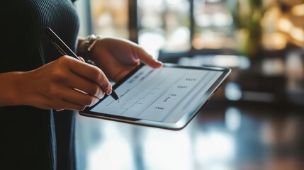 A woman's hand carefully uses a stylus to navigate a digital tablet, reviewing a document with a focused expression.