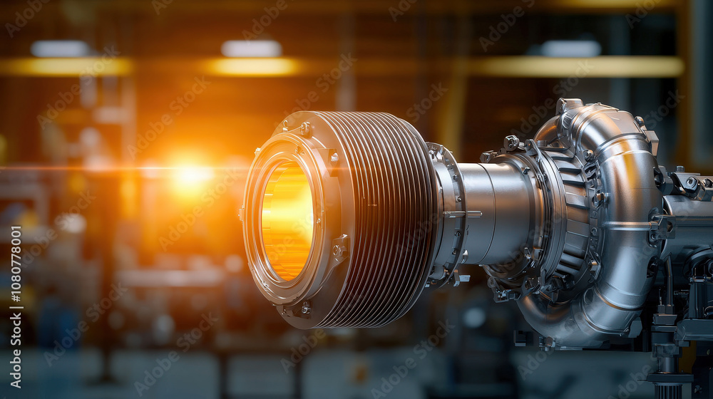 Poster high performance turbocharger with glowing turbine in workshop setting, showcasing advanced engineer