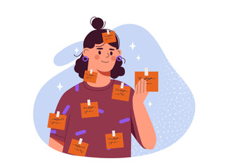 Woman with time management. Girl with sticky paper with tasks. Planning and goal setting. Motivation and leadership, development. Organizing efficient work process. Flat vector illustration