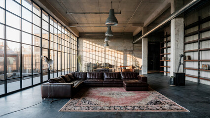 Industrial Loft with Leather Sofa, Large Windows, and Vintage Rug