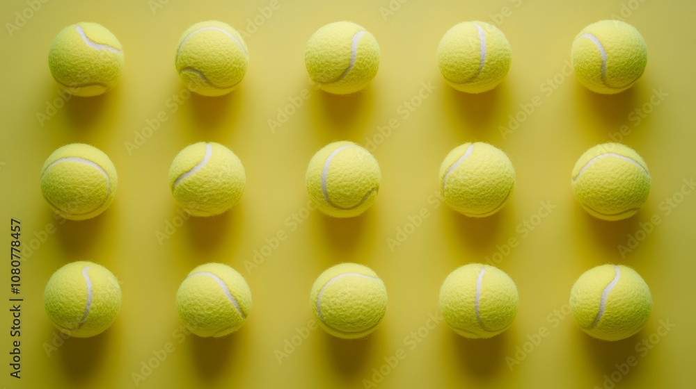 Poster fifteen bright yellow tennis balls are neatly arranged in rows and columns on a vibrant yellow backd