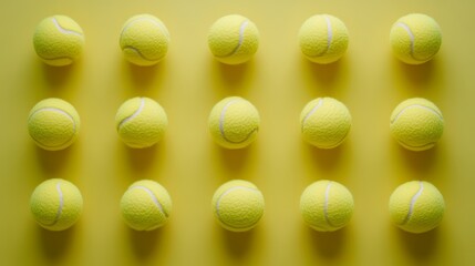 Fifteen bright yellow tennis balls are neatly arranged in rows and columns on a vibrant yellow backdrop, creating a striking visual pattern that evokes the energy and excitement of the sport
