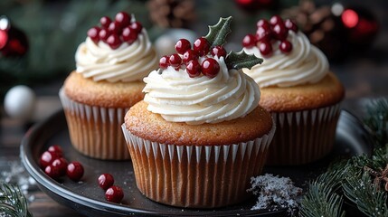 Festive cupcakes with cream frosting and red berries for holiday celebrations