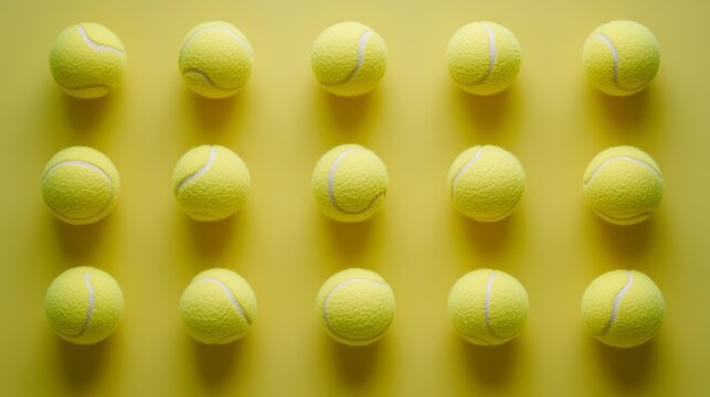 Fifteen bright yellow tennis balls are neatly arranged in rows and columns on a vibrant yellow backdrop, creating a striking visual pattern that evokes the energy and excitement of the sport