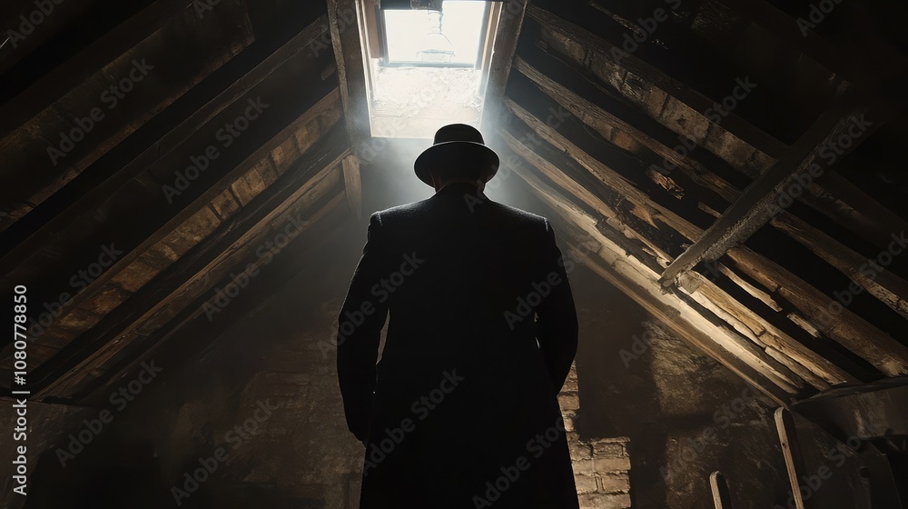 Poster a man in a black coat and hat stands in a dark attic, looking up towards a small window that lets in