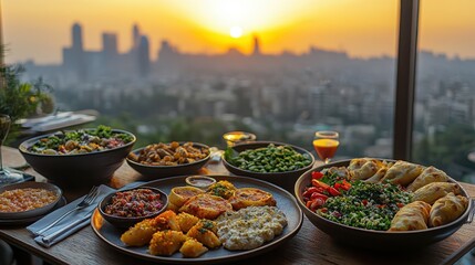 Fototapeta premium Savor delicious lebanese mezze platter while enjoying the stunning beirut skyline