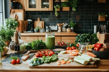 Freshly prepared vegetables and healthy smoothies arranged on a wooden kitchen countertop for a nutritious meal