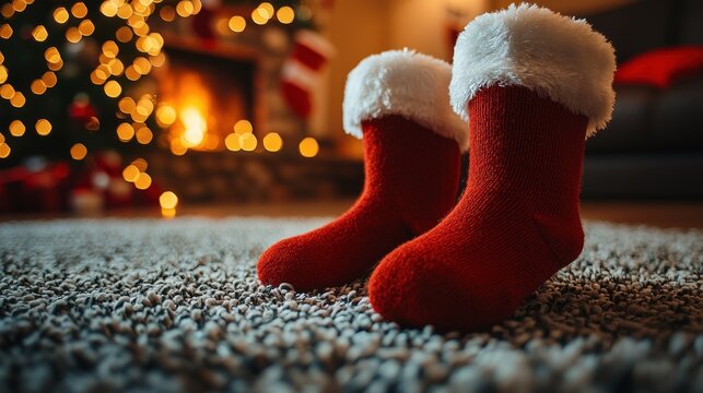 Cozy christmas scene with red santa stockings by a warm fireplace