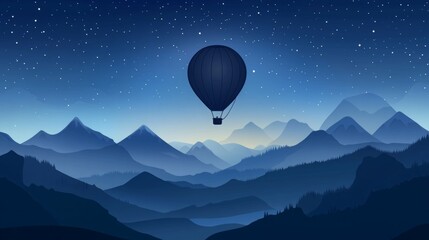 Hot air balloon floats over serene mountain landscape at night.