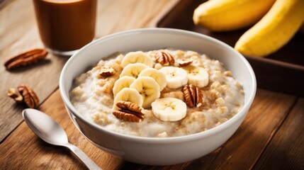 Healthy Oatmeal with Banana and Pecans for Breakfast
