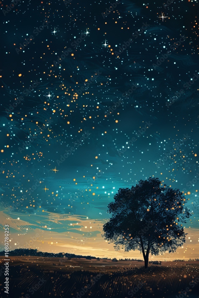 Poster a tree is in the middle of a field with a starry sky above it. the sky is filled with stars and the 