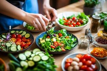 Obraz premium Fresh salad preparation in a cozy kitchen with vibrant vegetables and herbs during the day