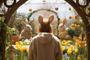 Funny Easter themed Generative AI illustration eggs bunny dinner celebration party nature atmosphere