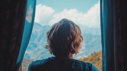 Young Individual Gazing at Mountain Panorama through Window, Embracing Natural Vision Enhancement Concept.