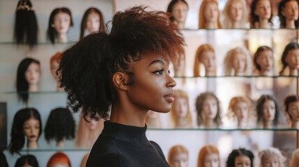 A young Black woman with a high ponytail stands in profile in front of a wall of mannequin heads with different wigs.