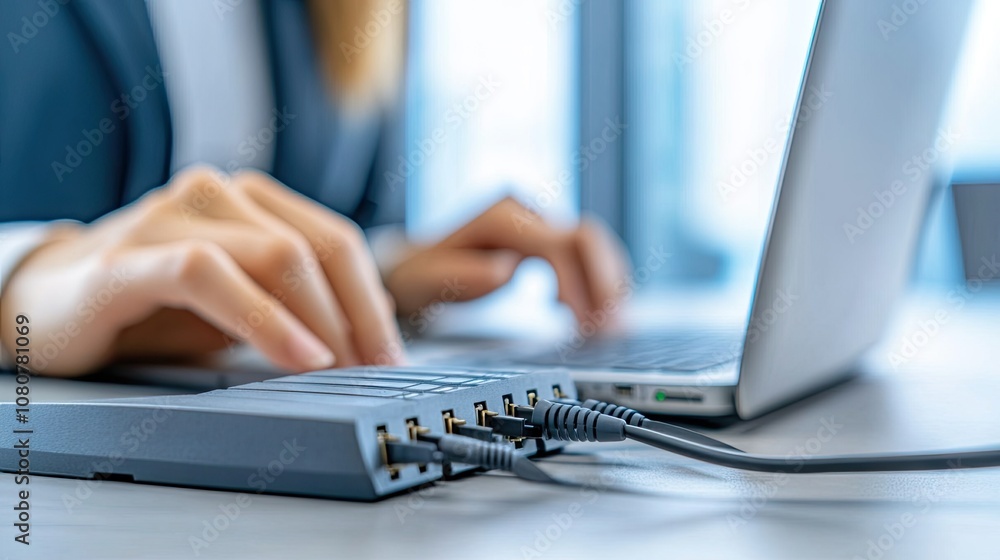 Poster close-up of a digital router with antennas and connections on an office desk with a woman using a la