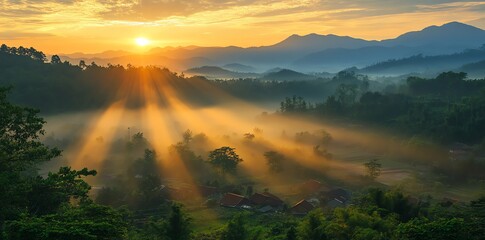 Golden rays of sunshine break through the clouds and mist over a lush green valley with mountains in the background at sunrise.