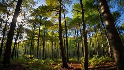 Obraz premium Sunlight filtering through the canopy of a dense forest, illuminating the woodland floor.