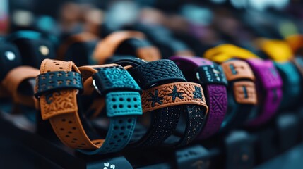 A collection of handcrafted, colorful watch straps displayed in a store, showcasing intricate design work and vibrant colors suitable for accessorizing fashion wear.