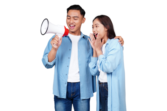 Asian man and woman with megaphone isolated transparent