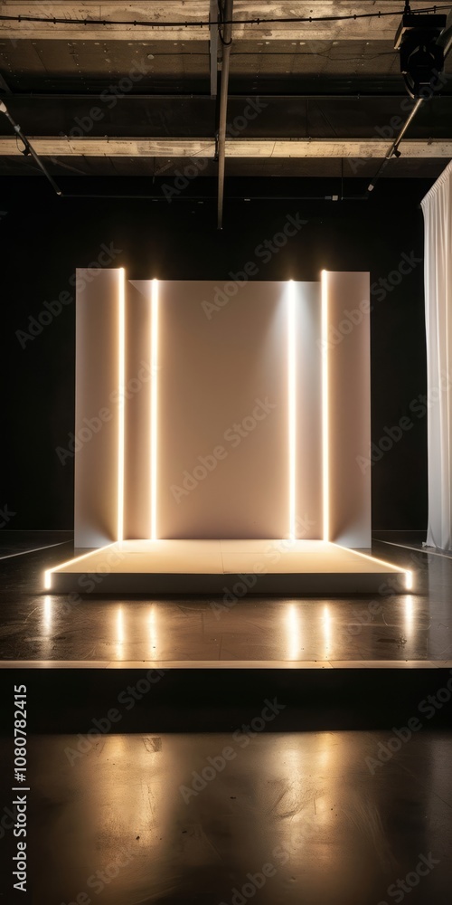 Poster a minimalist modern stage setup featuring vertical led lighting in an industrial setting with a dark
