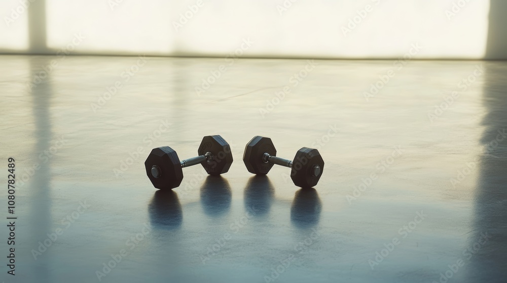 Poster Two black dumbbells are lying on the shiny floor of an empty gym, reflecting in the polished surface, creating a serene and minimalist fitness scene