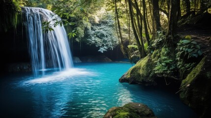 Fototapeta premium Turquoise waterfall cascades into a tranquil jungle pool.