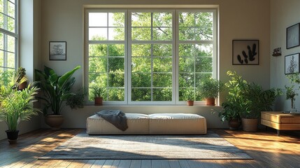 Fototapeta premium Bright, plant-filled room with large windows and cozy seating area.