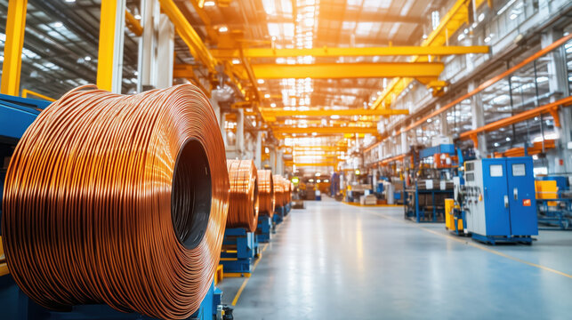 Rows of neatly coiled copper wire rods in spacious factory setting