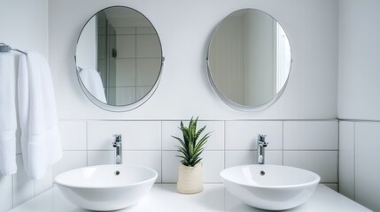 A modern chic bathroom features sleek faucets and twin round mirrors, accented by minimalist design elements, exuding elegance and contemporary style.