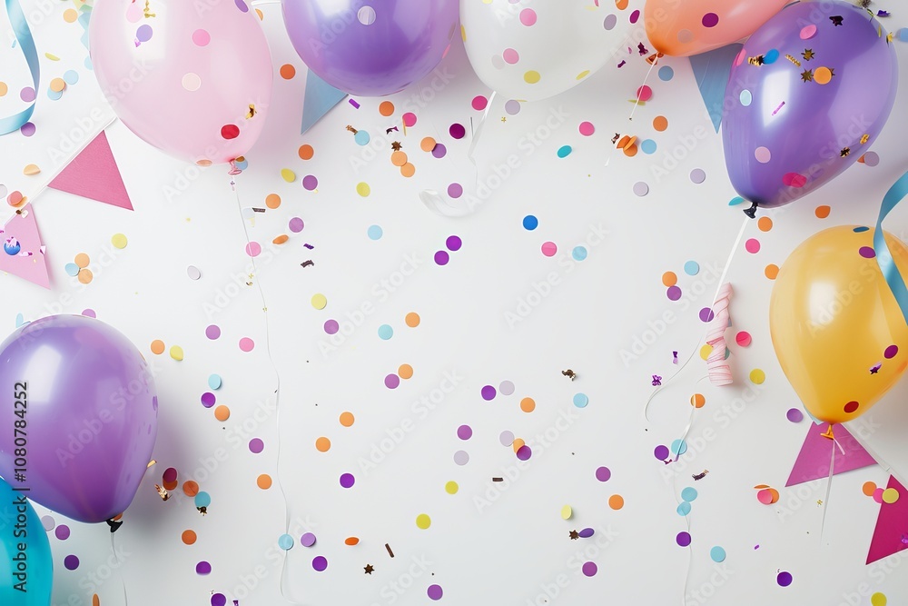 Poster a colorful background with a bunch of balloons and confetti. the balloons are in various colors and 