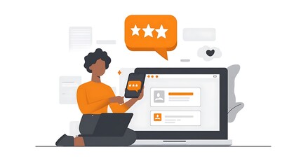 A person holding their phone with an orange five star review