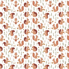 Charming vector seamless pattern featuring cute stylized woodland squirrels, acorns, and green sprigs on a neutral background perfect for fabric design.