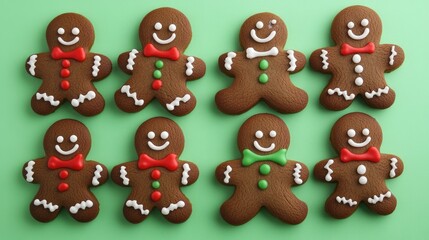Eight Decorated Gingerbread Cookies on Green Background