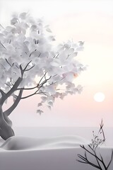 Abstract minimalist spring scene with a single, sharp silhouette of a blooming tree on a vast light grey canvas, with subtle color gradients hinting at spring freshness