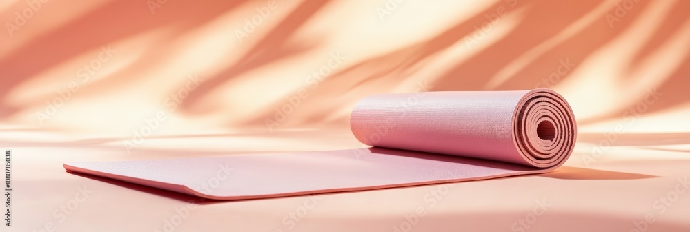 Aufkleber pink yoga mat partially rolled on peachy background with shadows creating a relaxing and inviting at
