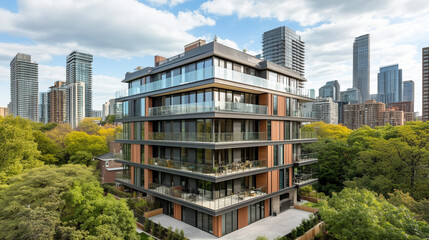 Współczesny budynek mieszkalny z dużymi oknami i licznymi balkonami, wkomponowany w tętniący życiem krajobraz nowoczesnych wieżowców.