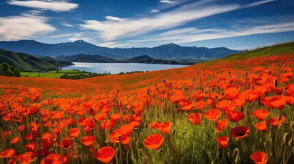 Vibrant Poppy Field with Mountain Vista