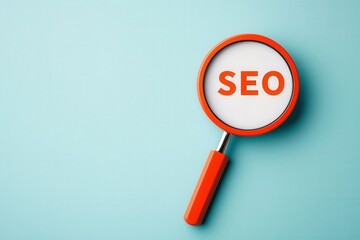 SEO Magnifying Glass on Blue Background.