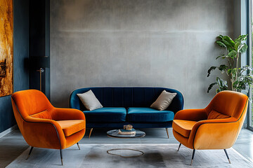Minimalist, loft interior design of modern living room. Vibrant orange armchairs near dark blue sofa against concrete wall.