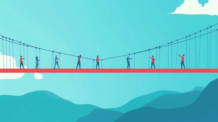 People cooperating on a high suspension bridge illustration.