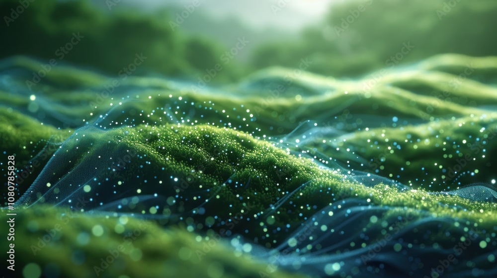 Poster abstract digital wave pattern flowing over a lush green mossy surface with glowing particles.