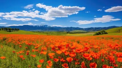 Fototapeta premium Vibrant Poppy Field with Mountain Vista