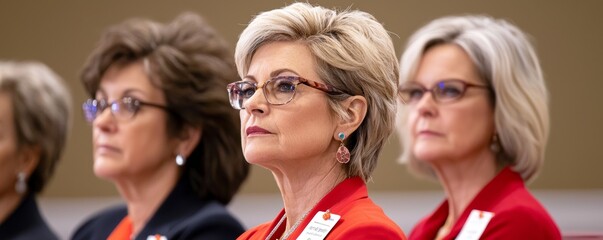 Obraz premium Sustainability and project funding business investment concept. A group of three women in red attire, seated with serious expressions, likely engaged in a formal event or meeting.