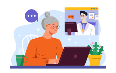 Video call with doctor. Old woman with laptop communicates with man in medical gown. Diagnosis and treatment. Healthcare and medicine. Flat vector illustration isolated on white background